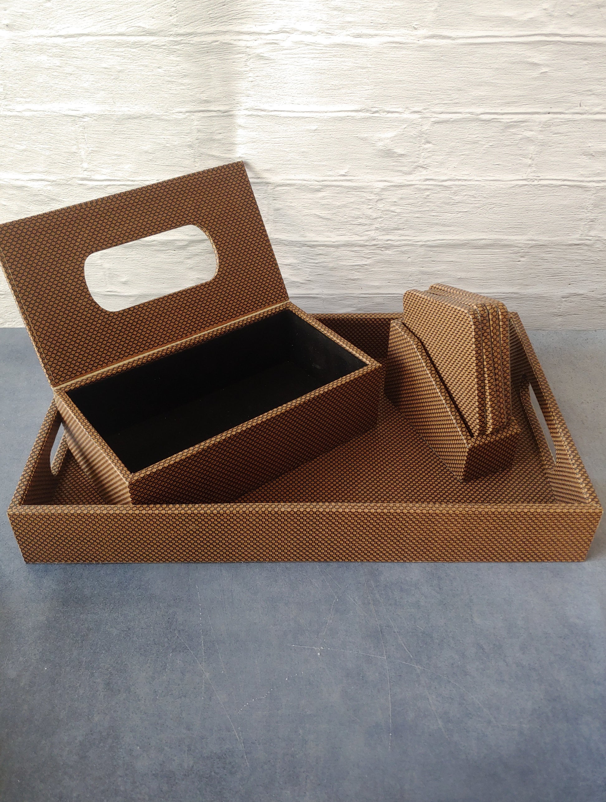Brown HoneyComb Premium Leather Serving Tray along with tissue holder and coasters