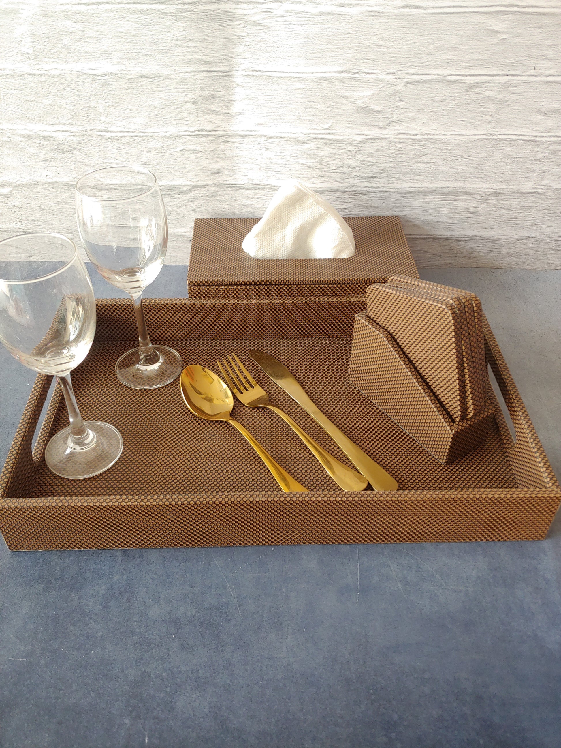 Brown HoneyComb Premium Leather Serving Tray along with tissue holder and coasters