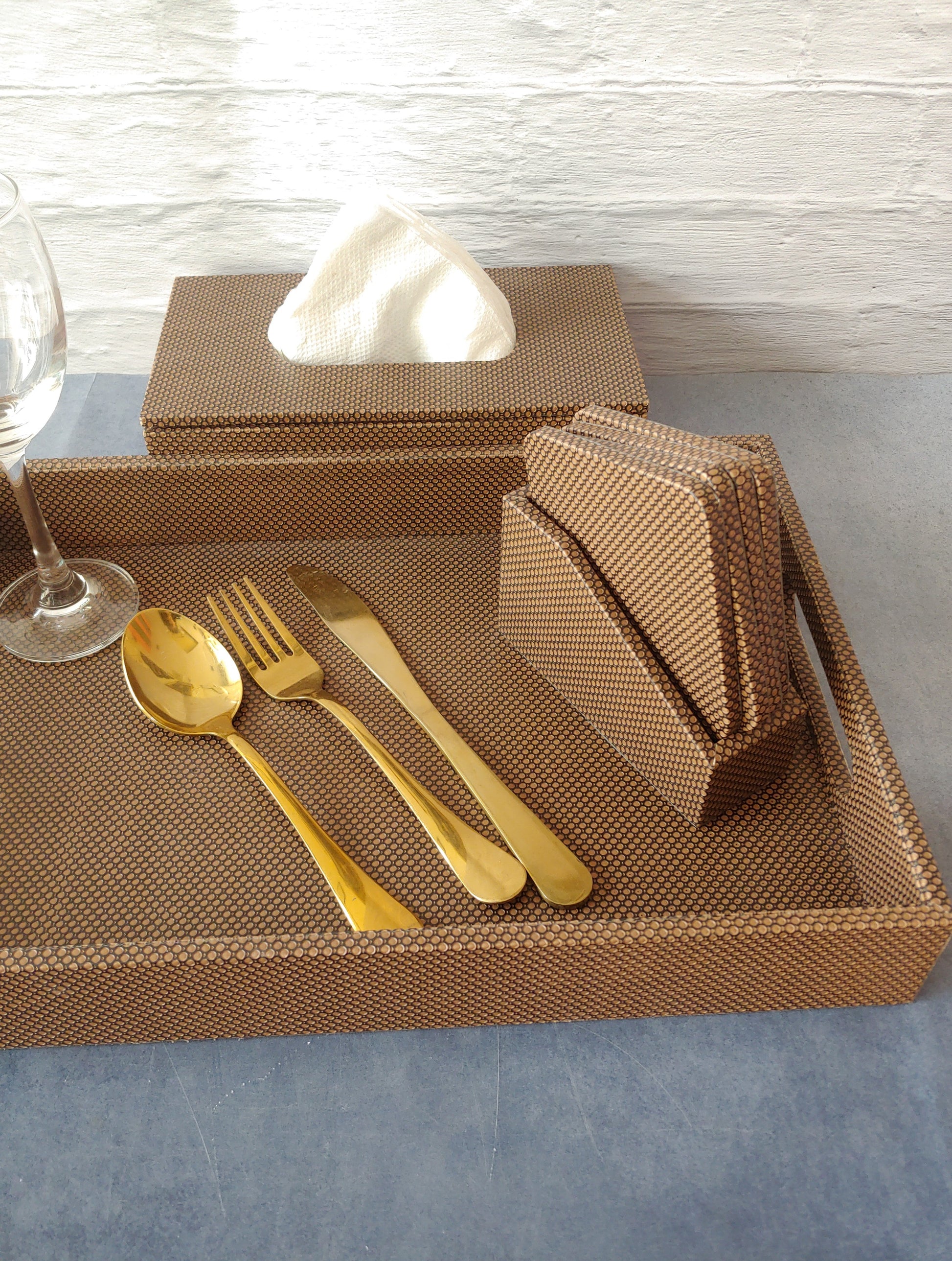 Brown HoneyComb Premium Leather Serving Tray with handle