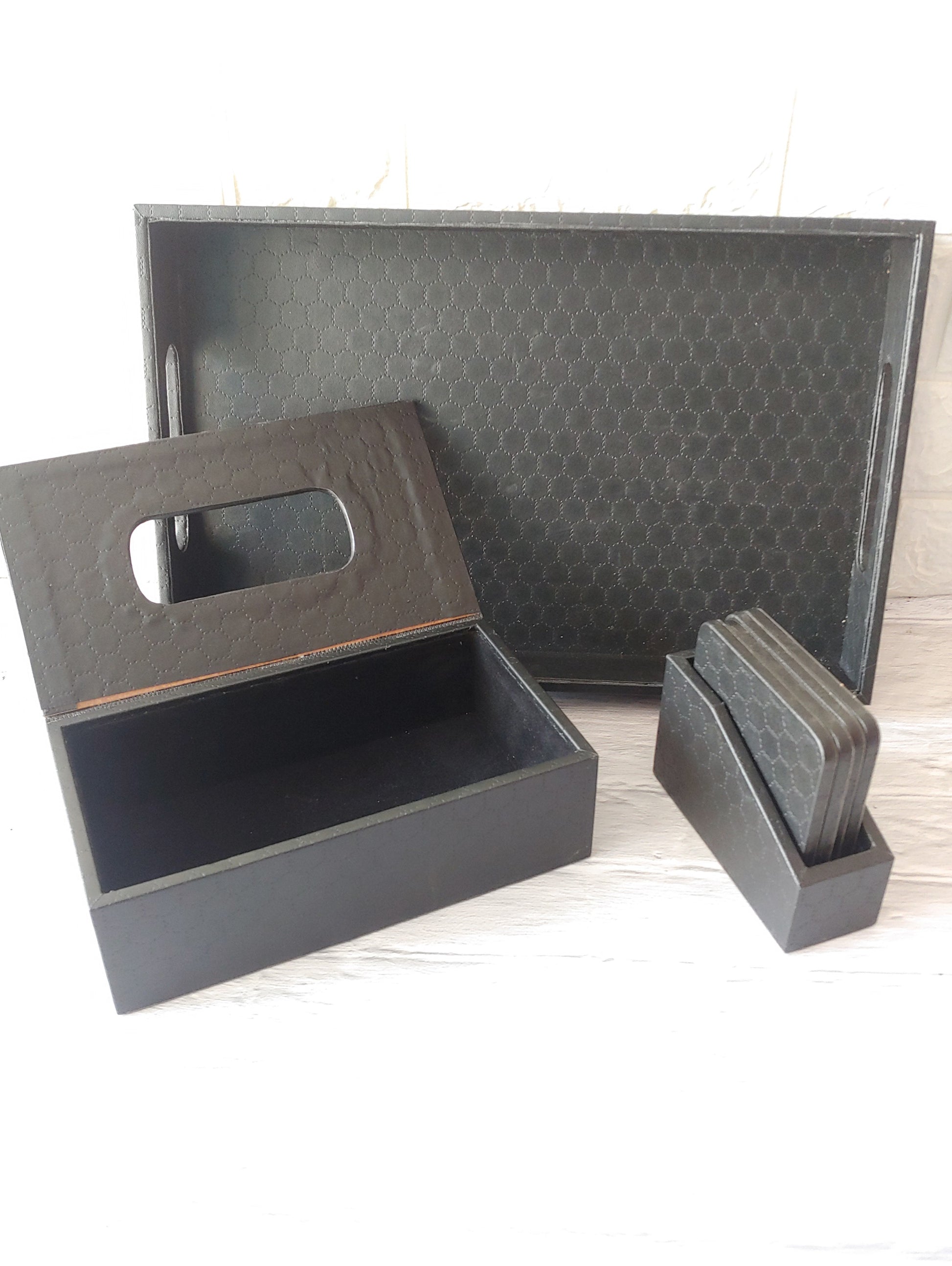 Black Stitched Premium Leather Serving Tray along with tissue holder and coasters