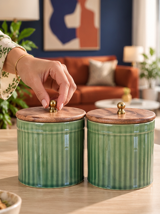 Olive Green Fluted Ceramic Pillar Ring Pipe Ceramic Storage Airtight Collection (500ml) Set of 2