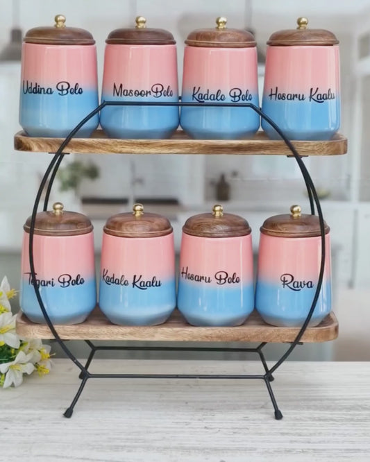 Blush & Blue Indian Airtight Jars Kitchen Display Essential Ceramic Canister (1kg) Set- Kannada
