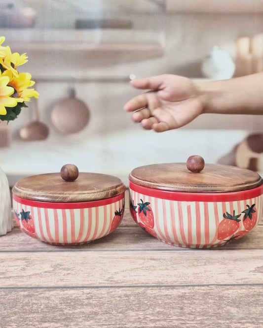 Strawberry Stripe Hand-Painted Ceramic Bowl