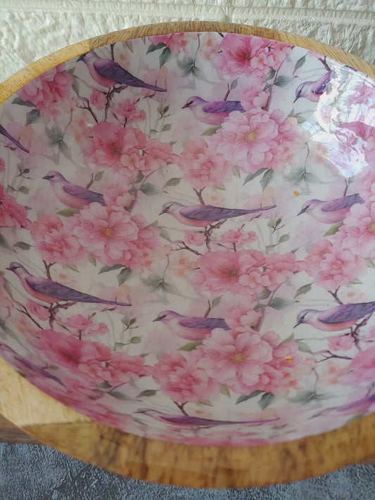Floral birds and  Wooden Mixing Bowl