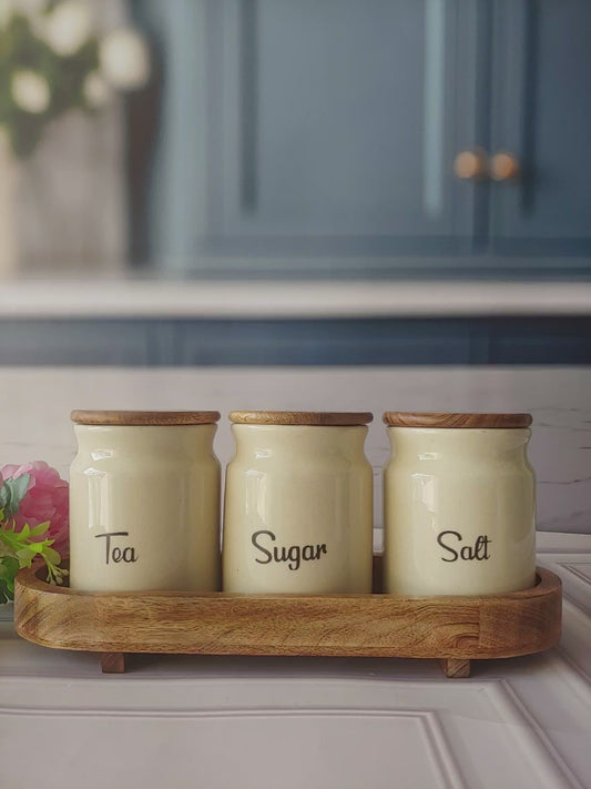 Sugar Rush Morning ceramic airtight Tea, sugar, and salt, jars wooden lid