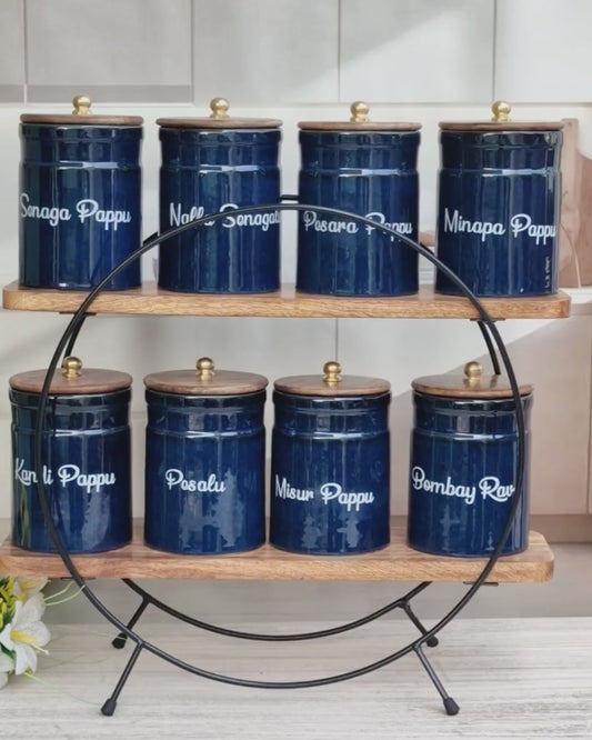 Royal Artisanal Blue Ceramic Kitchen Organizer Pipe Jars - TELUGU