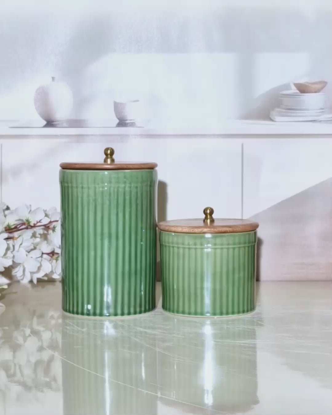 Olive Green Fluted Ceramic Pillar Ring Pipe Storage Jars with Wooden Lids