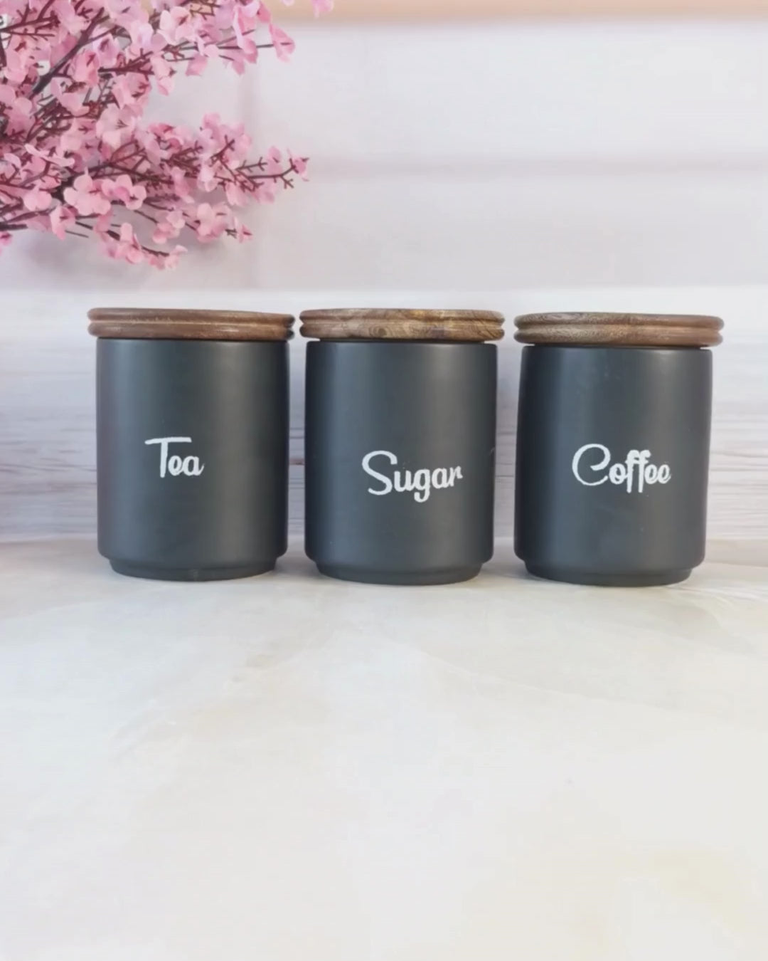 Sweet  Morning ceramic Black airtight Tea, Coffee, and sugar , jars wooden lid