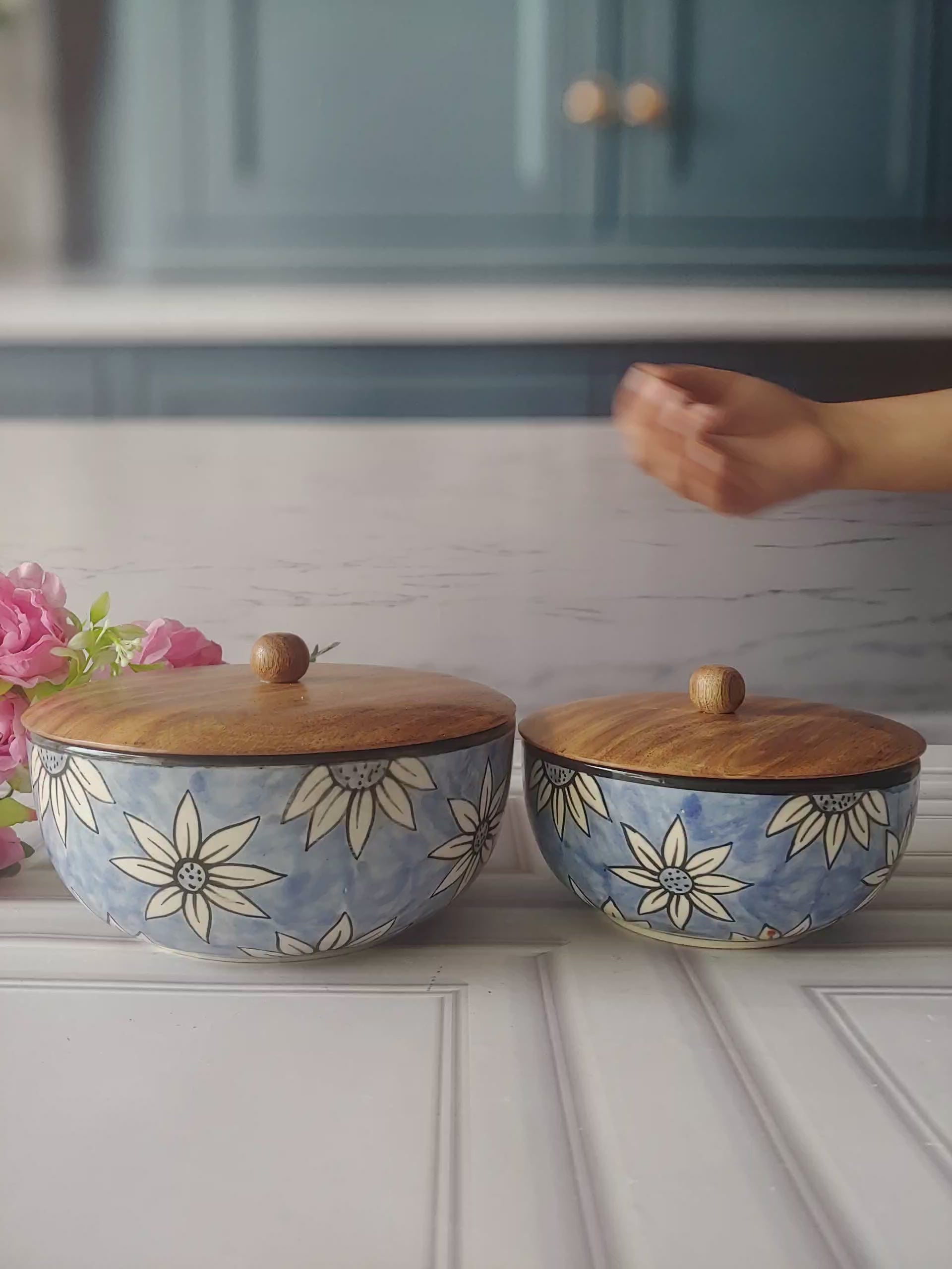 Sunflower Bloom Designer Ceramic Serving Bowls with wooden lid