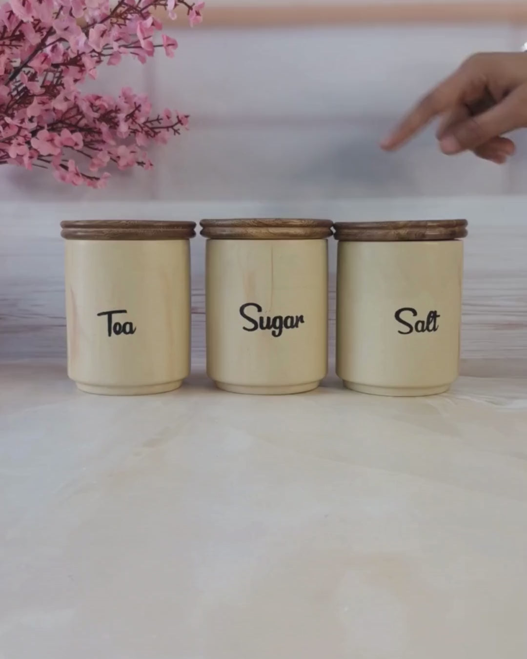 The Tea Party ceramic airtight Chocolaty Tea, sugar, and salt, jars wooden lid