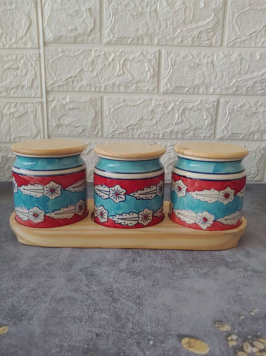 The Spice Trio of Treats  Ceramic Kimchi Pickle Jar Set with wooden lid and tray