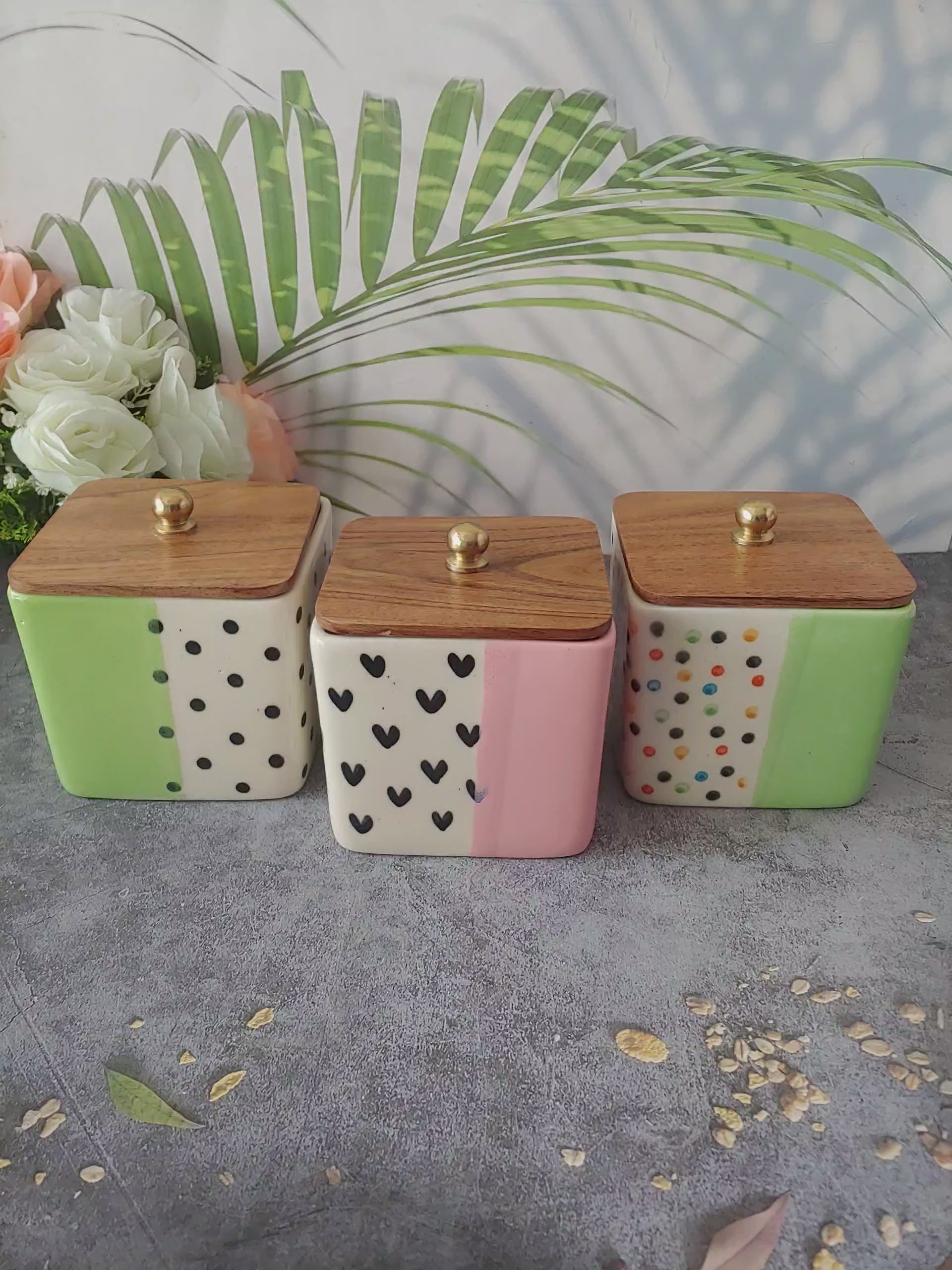 Trinket Happy Heart Ceramic Airtight Containers with Wooden Lid set of 3