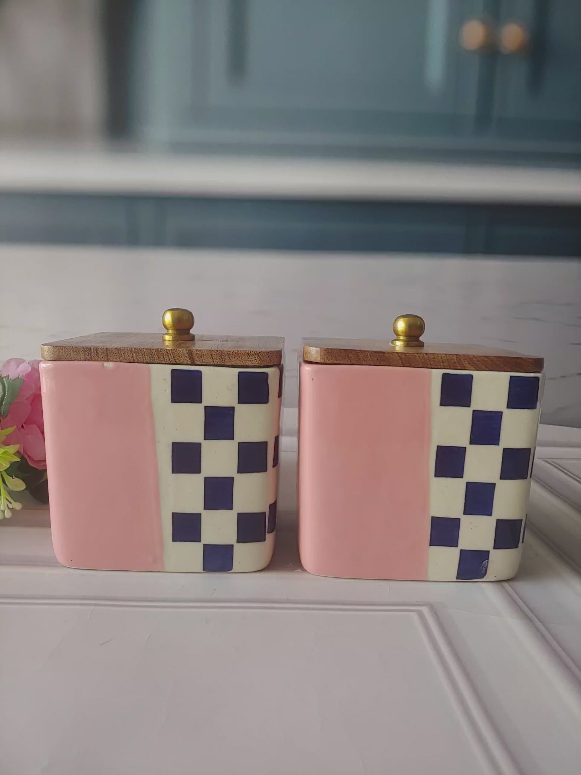 Pink and Blue  Beauties Checkered Collection Ceramic Airtight Containers with Wooden Lid