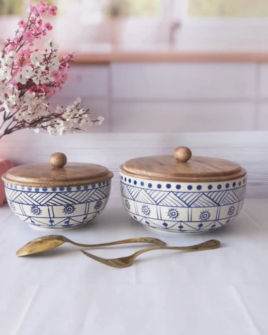 Blue Wonder Handpainted Ceramic Serving Round Dining Bowls with Lid