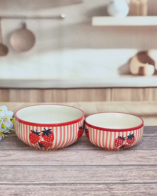 Strawberry Stripe Hand-Painted Ceramic Bowl