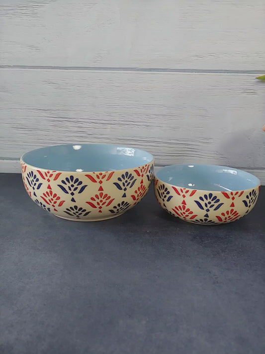 Stained Flowers Blue Hand Painted Designer Ceramic Serving Bowl