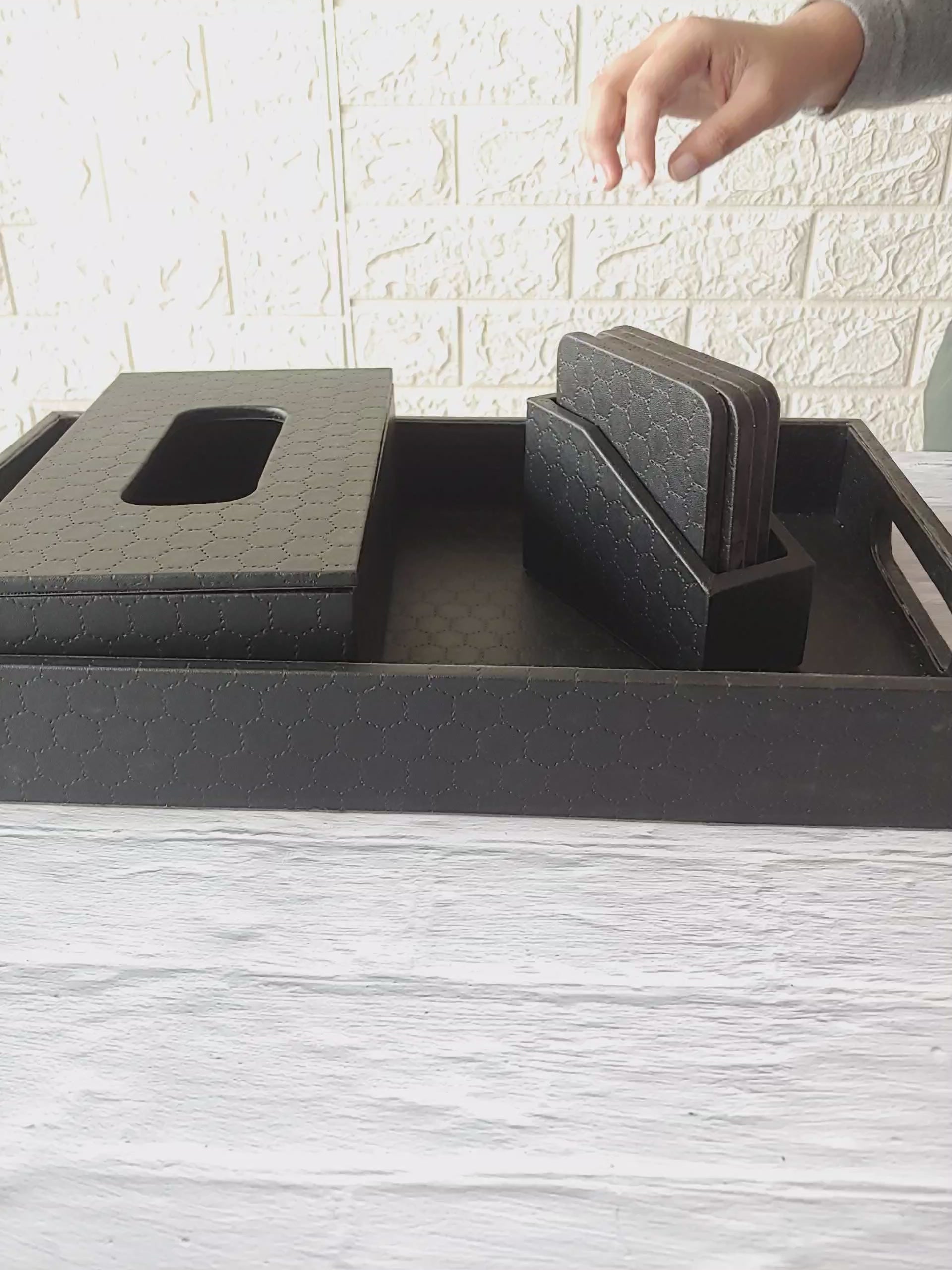 Black Stitched Premium Leather Serving Tray along with tissue holder and coasters