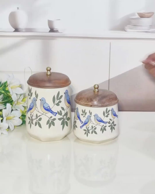 Bluebird Hand-Painted Ceramic Storage Jars (Set of 2) with Wooden Lids
