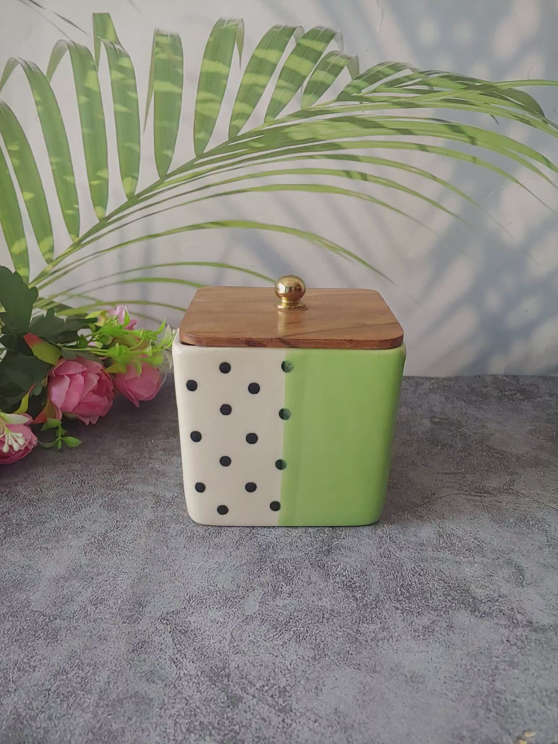 Green Bloom Dot Ceramic Airtight Containers with Wooden Lid