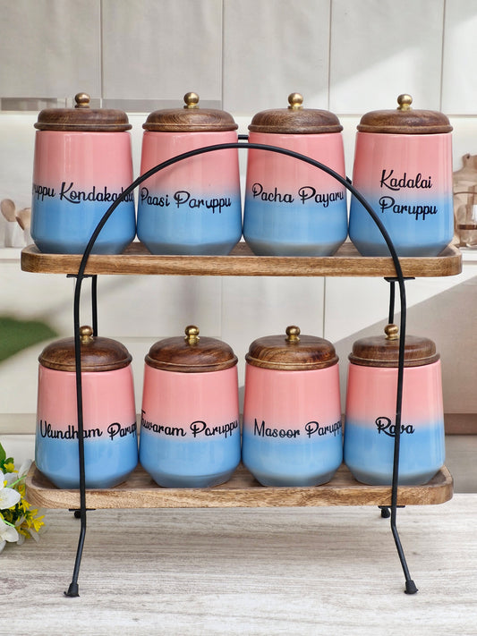 Blush & Blue Indian Airtight Jars Kitchen Display Essential Ceramic (1kg) Canister Set- Tamil