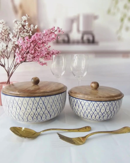 Blue Geometric design Handpainted Ceramic Serving Round Dining Bowls with Lid