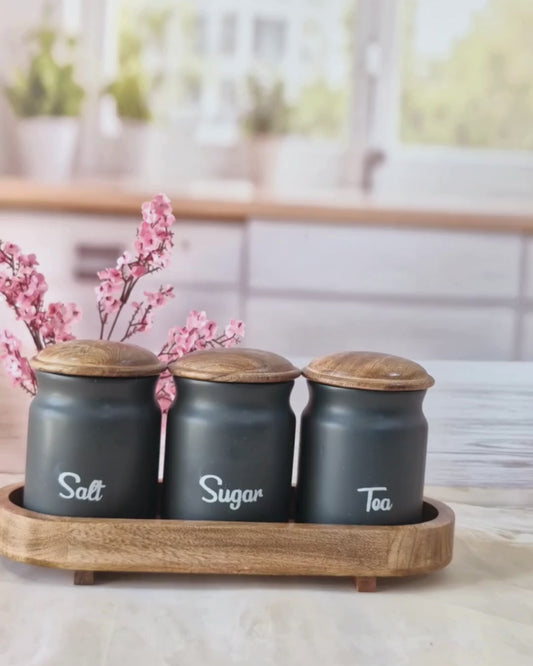 Black Elegant Storage ceramic black airtight Tea, ,sugar Salt ,jars with wooden lid