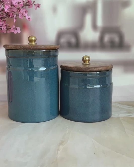 Blue Diamond Artisan Ceramic Canisters with Wood Lids 1kg and (1/2 kg)  airtight jar Spices & Cookies