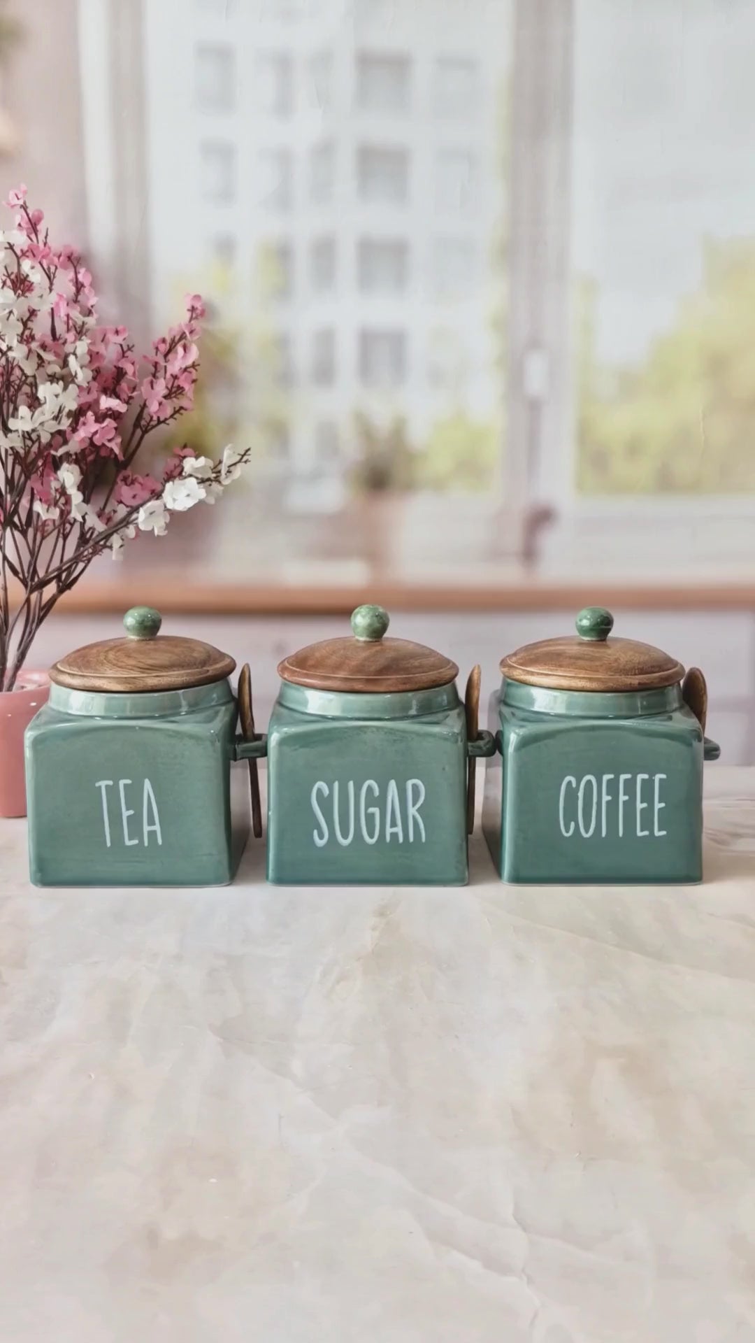 Green Square Ceremic Airtight Tea Coffee Sugar Canisters with spoon 500ml