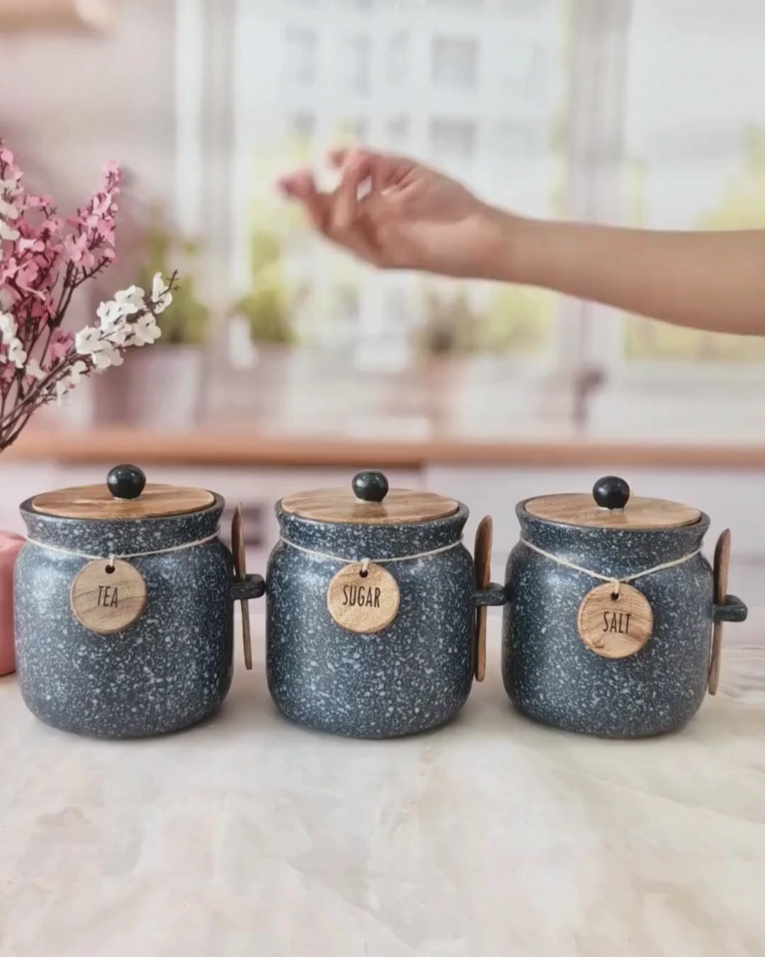 Speckled black Airtight Matka  Tea ,Sugar, Salt  Solid Ceramic  Canisters (500ml)