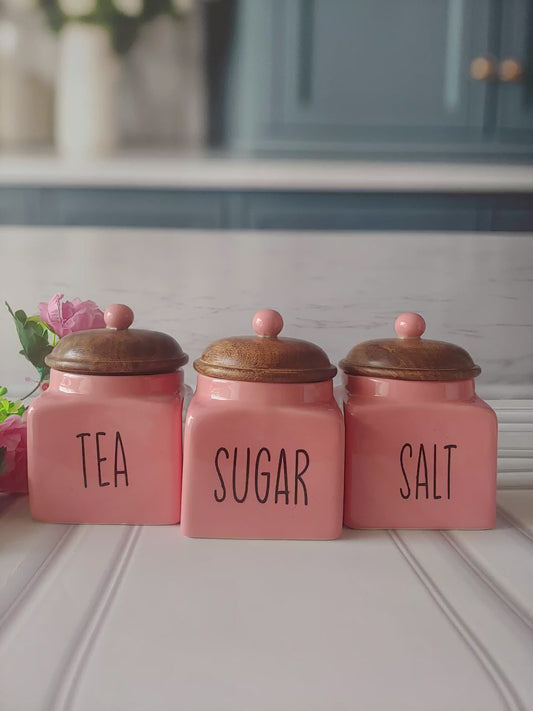 Pinkish Shine Square Solid  Tea , Sugar , Salt Ceramic Canisters 500 ml