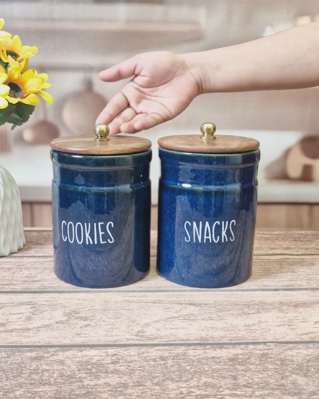 Rustic Blue Cookie and Snack Ceramic Canister Jars with Wooden Lids  (Set of 2)