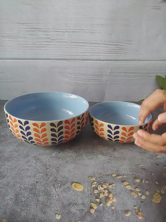 Woodland Leaves Blue Hand Painted Designer Ceramic Serving Bowl
