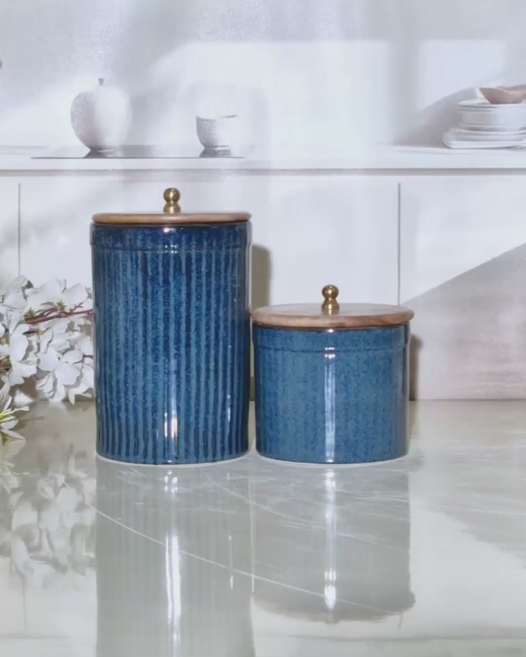 Royal Blue Ceramic Pillar Ring Pipe Storage Jars with Wooden Lids