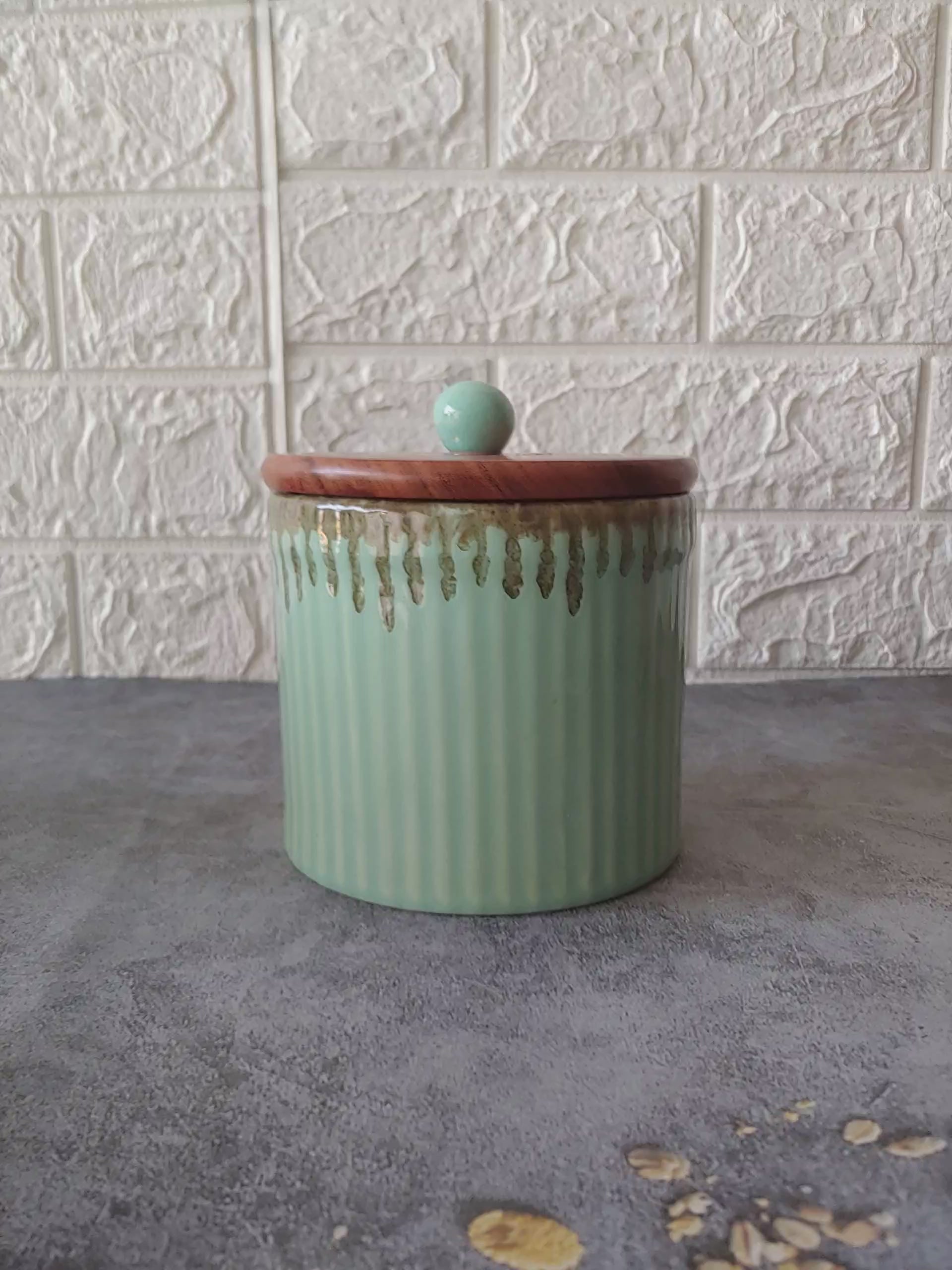 Sea Green  Airtight Ceramic container 4" with Wodden Lid