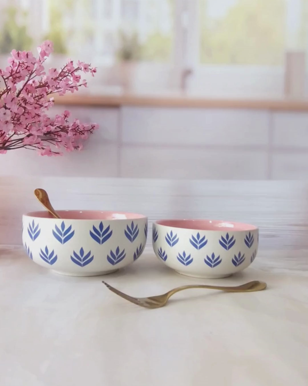 Lotus Beauty Pink Handpainted Ceramic Round Dining Bowls