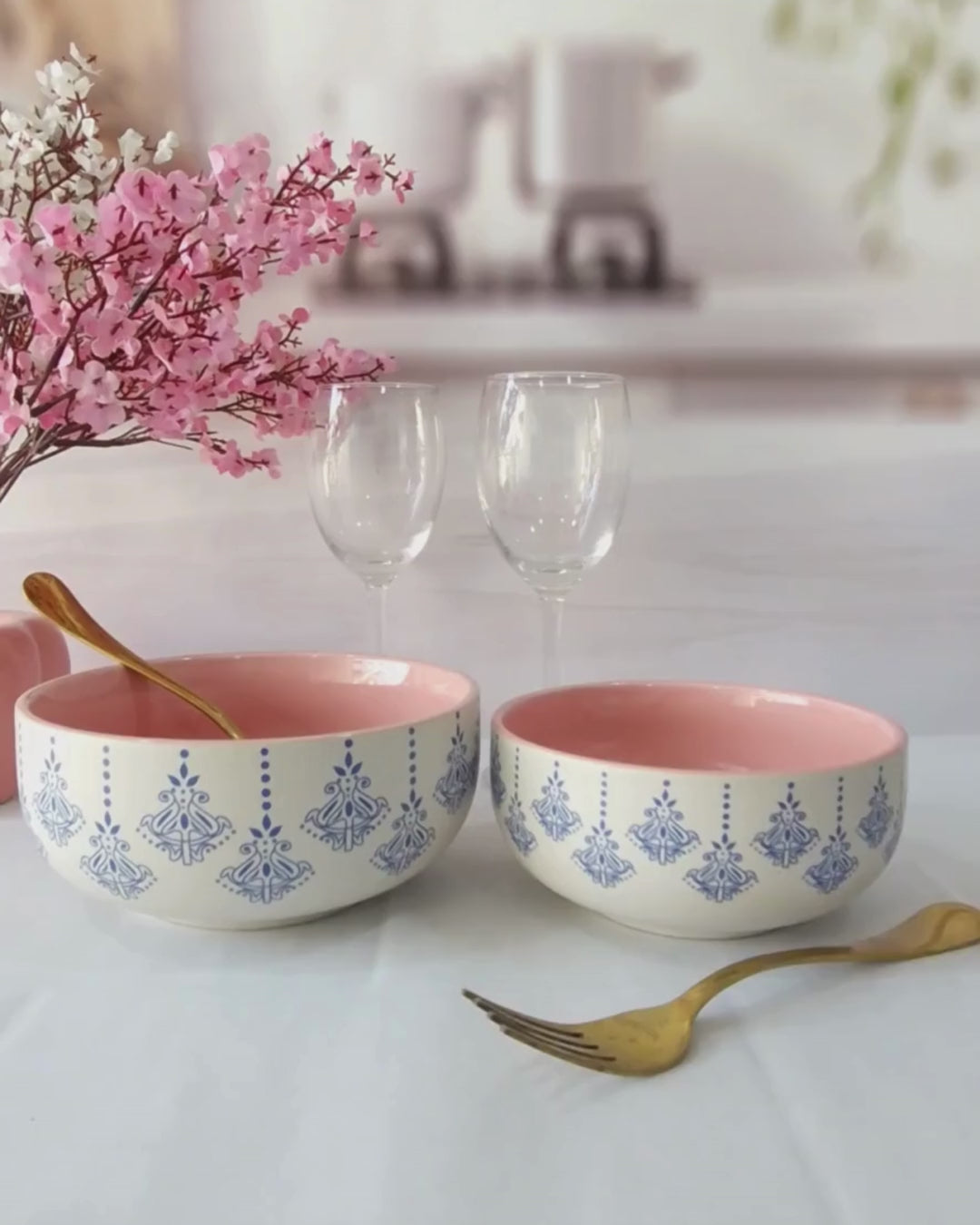 Peacock Pattern Beauty Pink Handpainted Ceramic Serving Dining Bowls