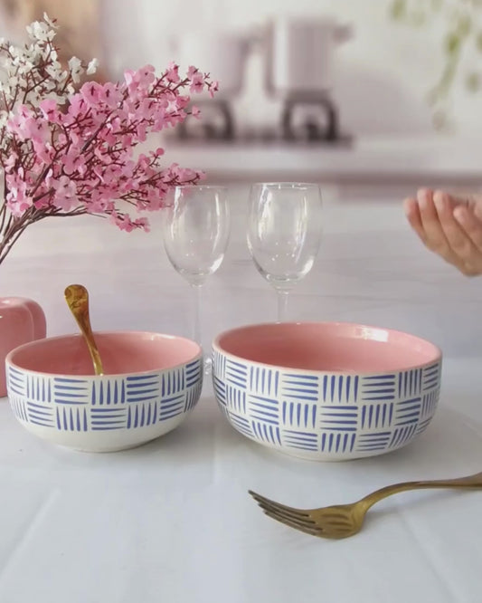 Geometric Pattern Beauty Pink Handpainted Ceramic Serving Dining Bowls