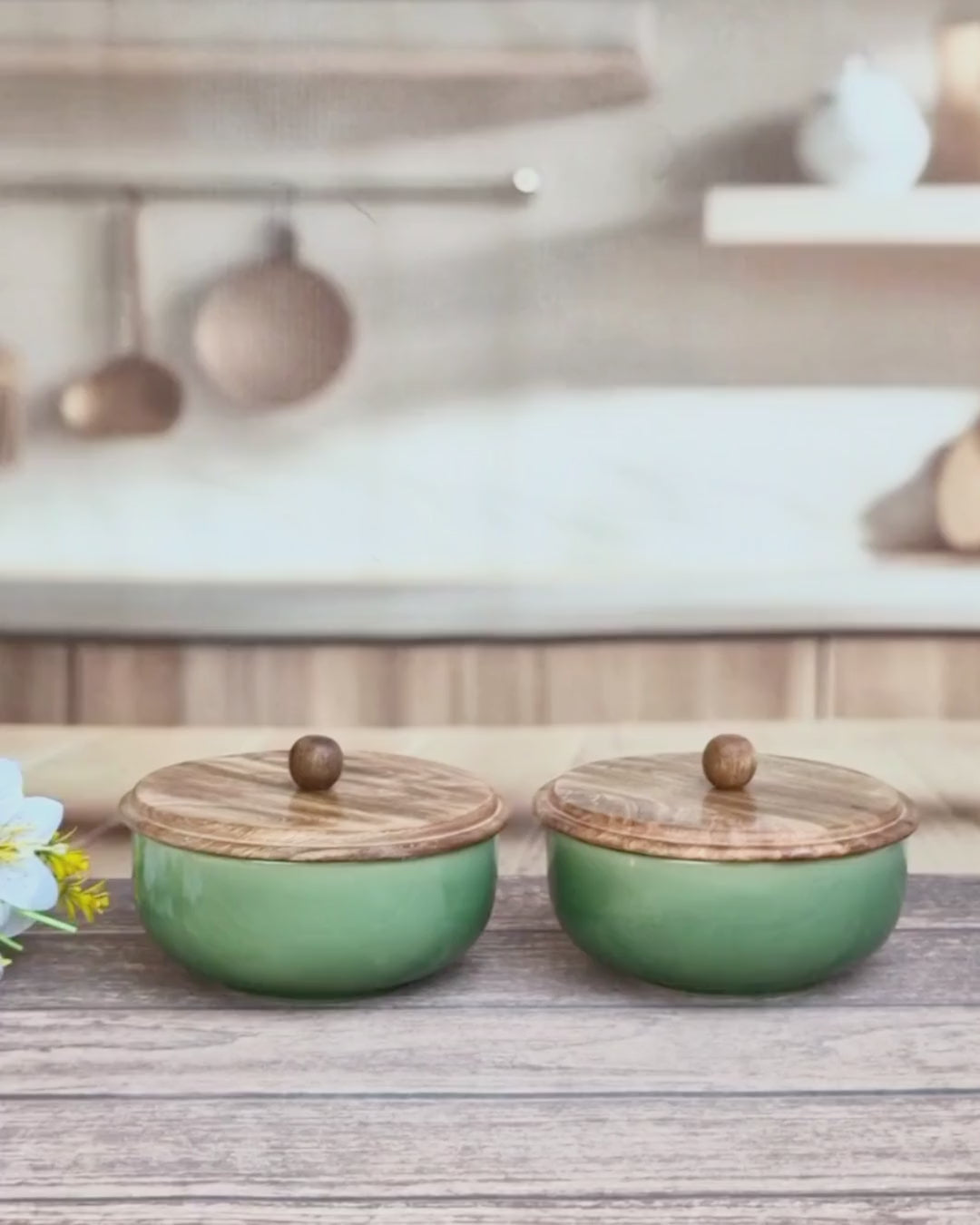 The Hearthside Olive Garnish  Ceramic Serving Bowls with wooden lid