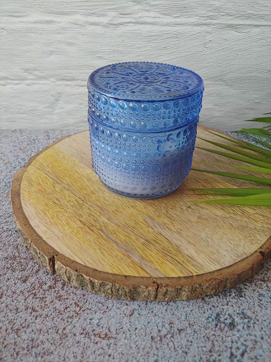 Blue sandalwood soy scented candle single with decorative glass Jar
