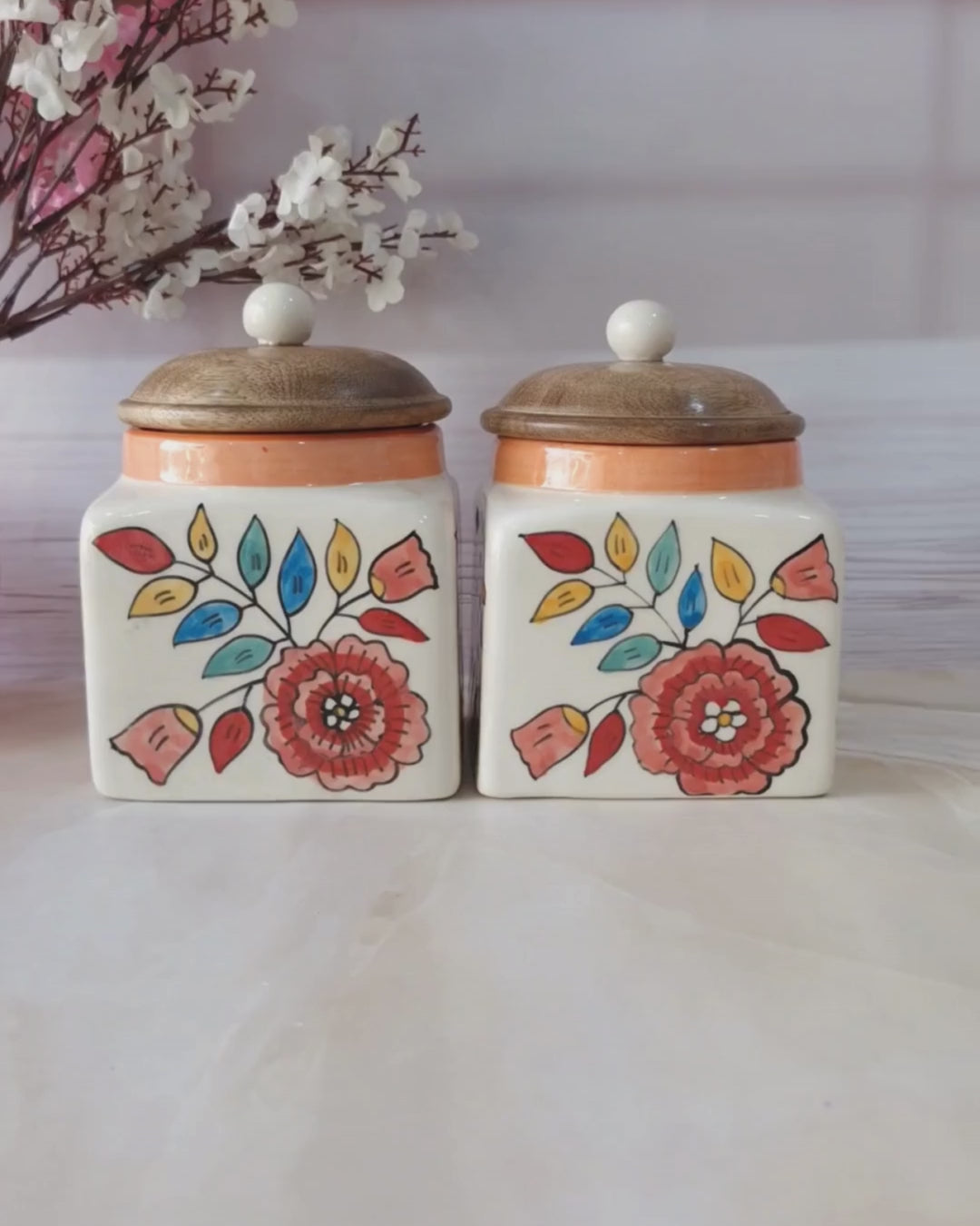 Floral Hand Painted Designs with Love Retreat (1/2 kg) Set of 2 Airtight  Square Jars for Spices & Cookies