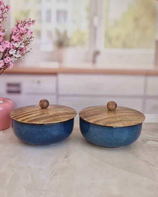 Rustic Blue Ceramic Serving Dinning Bowls with Wooden Lid