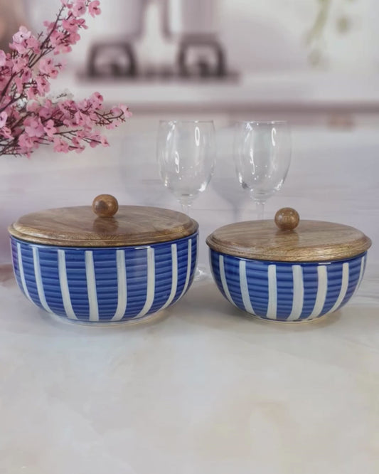 Handpainted Ceramic Blue Round Strips Serving Bowls with Lid