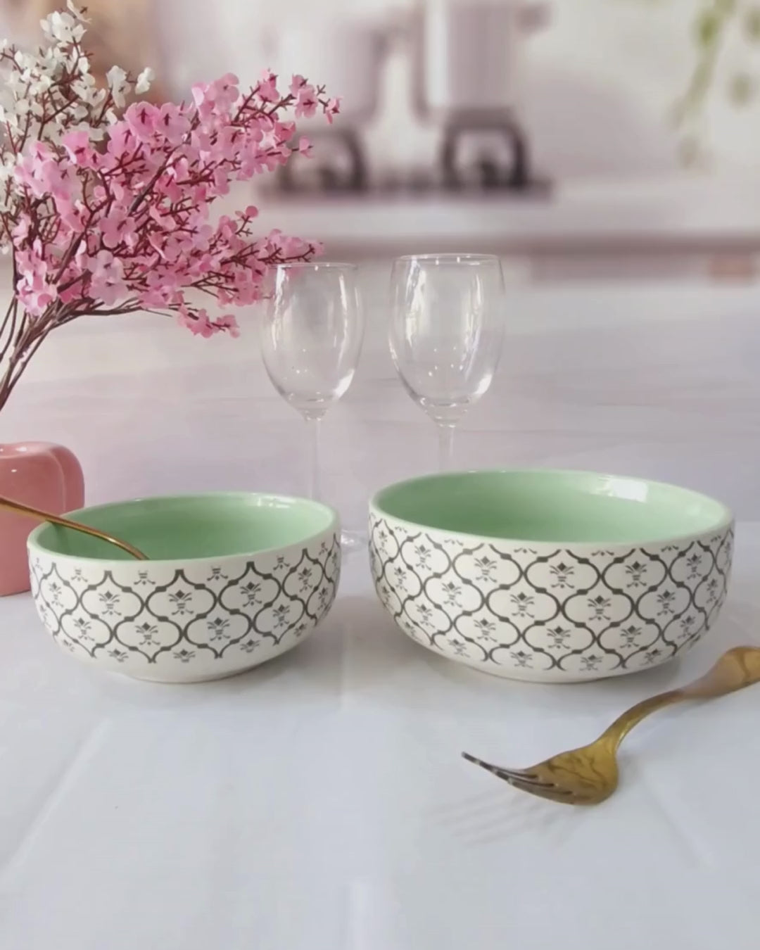 Dreamy Beauty Delight Green Handpainted Ceramic Serving Dining Bowls