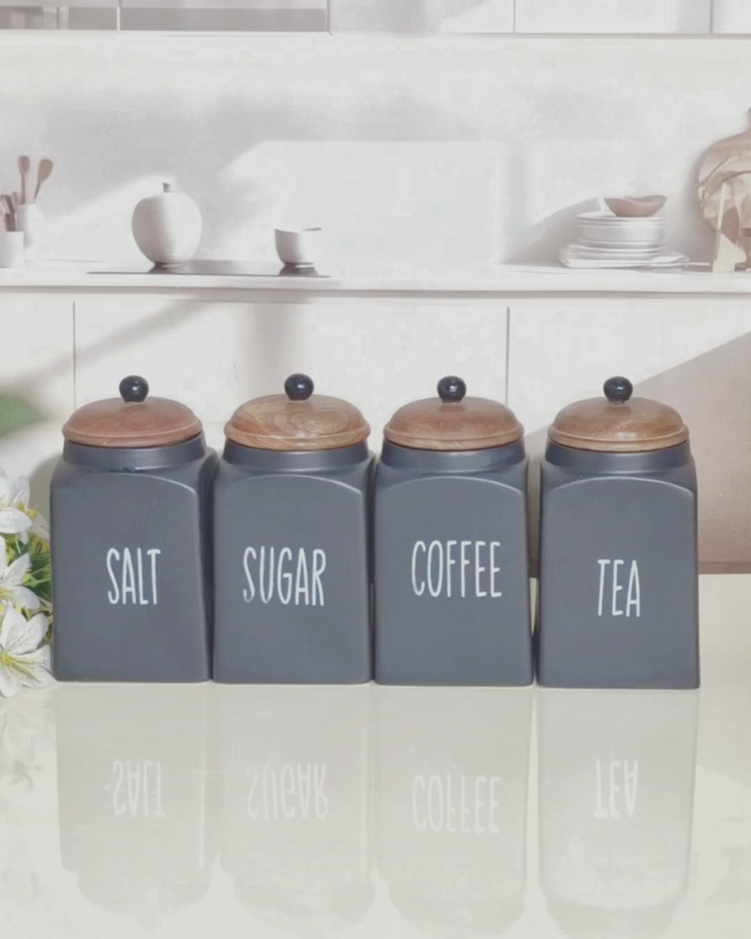 The Modern Black  Kitchen Ceramic Canister (Tea, Coffee, Sugar, Salt) 1kg Set with Wooden Lids