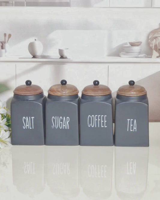 The Modern Black  Kitchen Ceramic Canister (Tea, Coffee, Sugar, Salt) 1kg Set with Wooden Lids