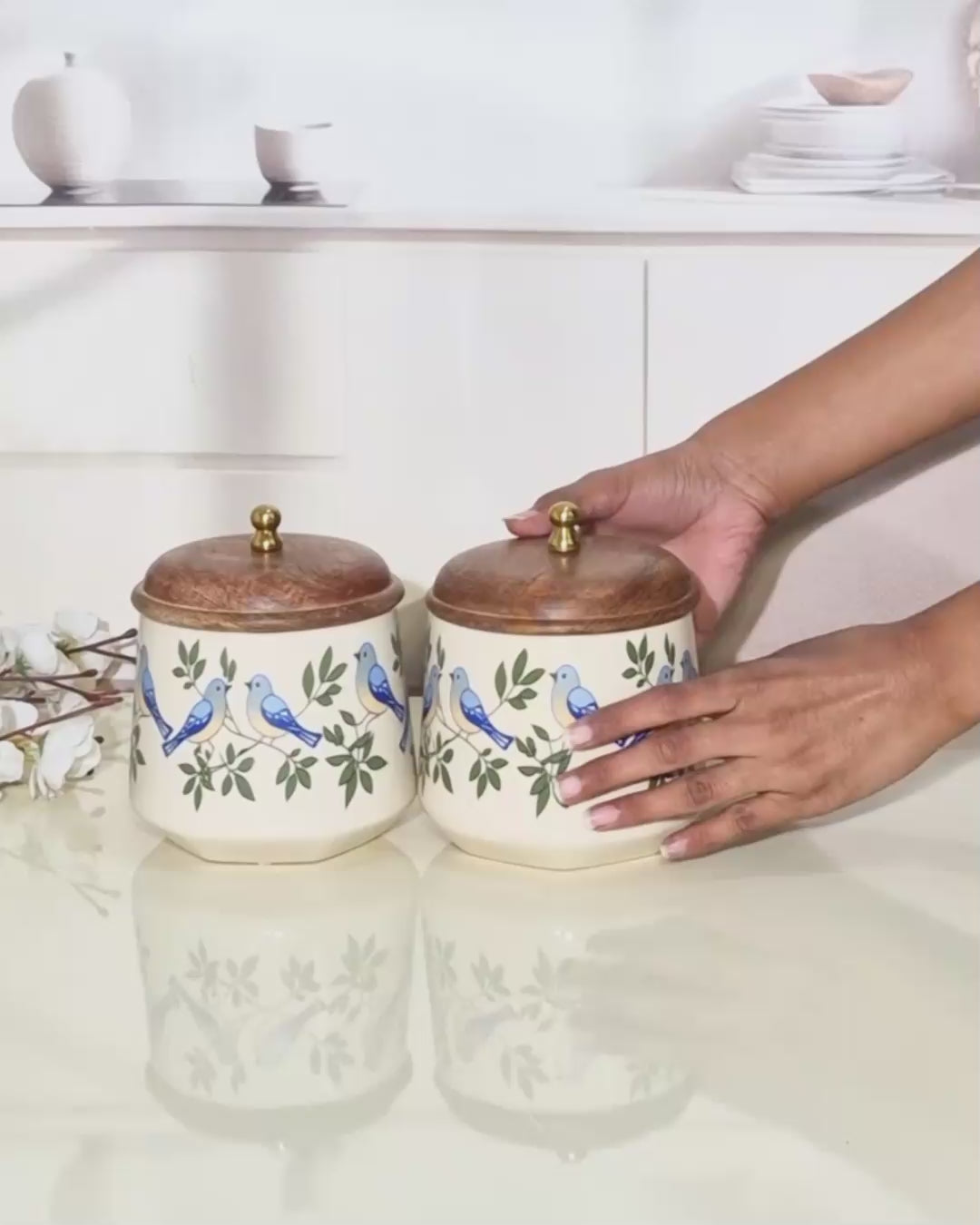The Bluebird Hand-Painted Ceramic Storage Jars (Set of 2) with Wooden Lids