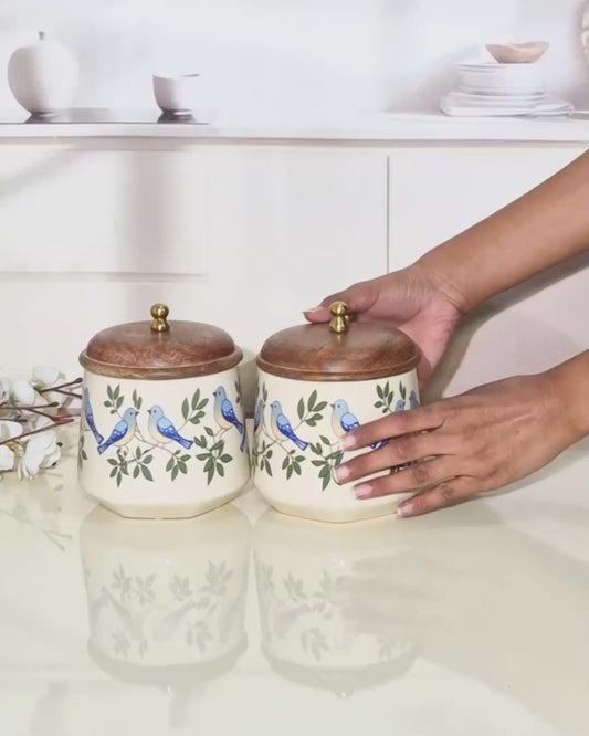 The Bluebird Hand-Painted Ceramic Storage Jars (Set of 2) with Wooden Lids