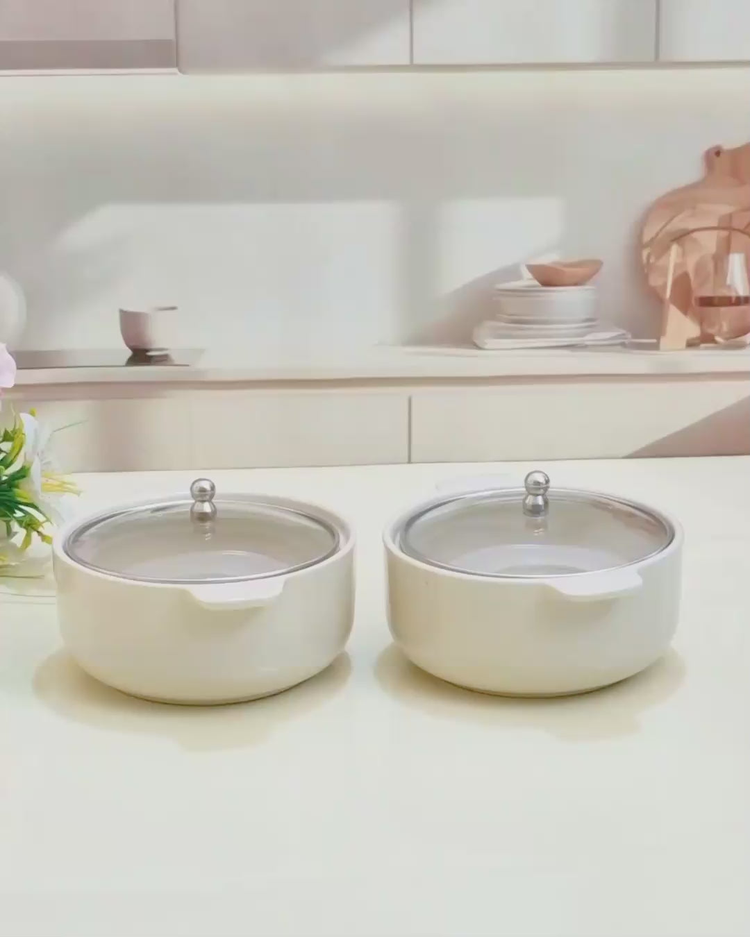 Ivory Serving Bowl with Glass Lid – Set of 2