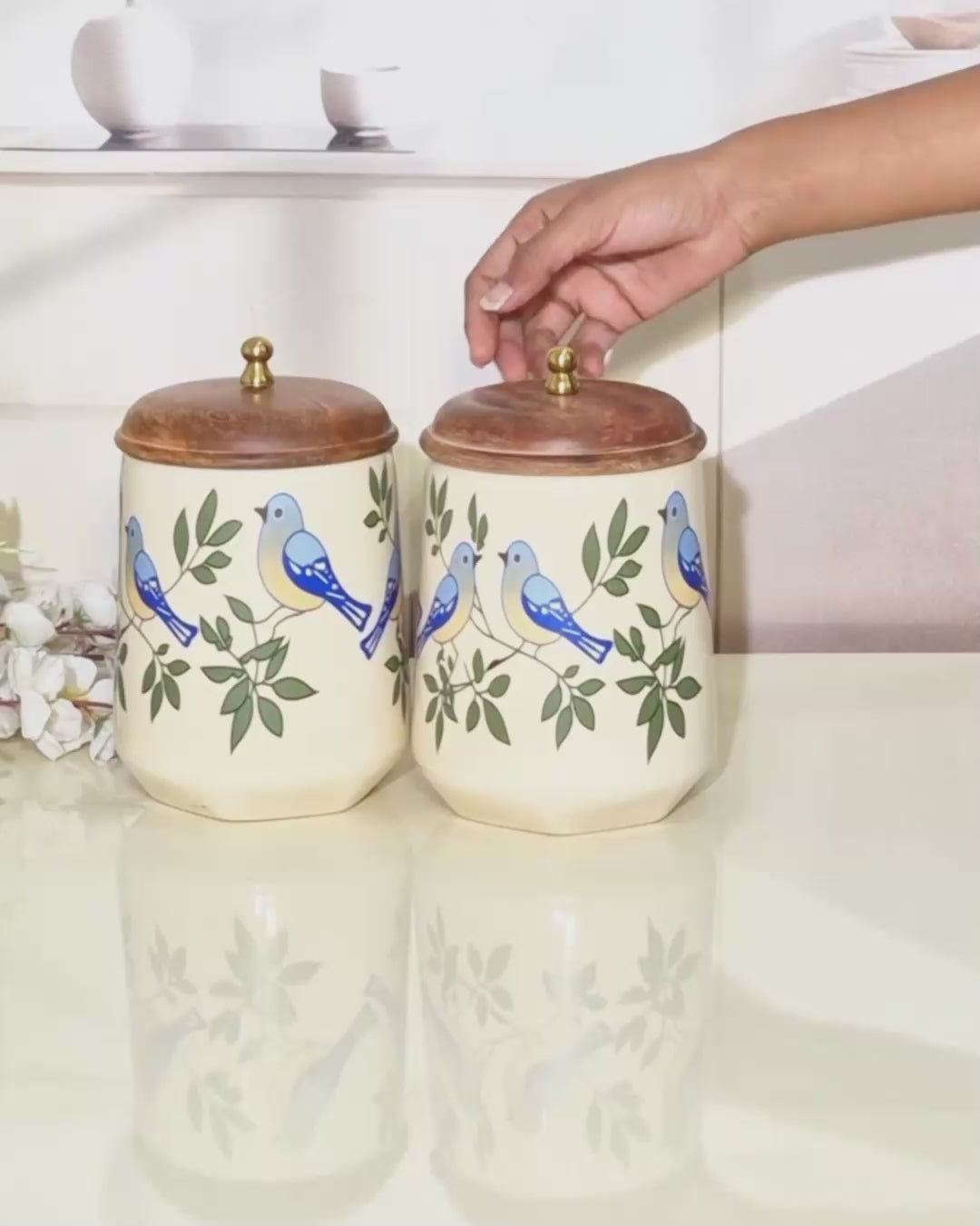 The Bluebird Heritage Ceramic Storage Jars with Wooden Lids.