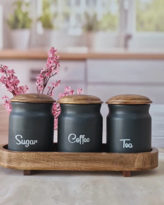 Charming Kitchen ceramic black airtight Tea, coffee ,sugar jars with wooden lid